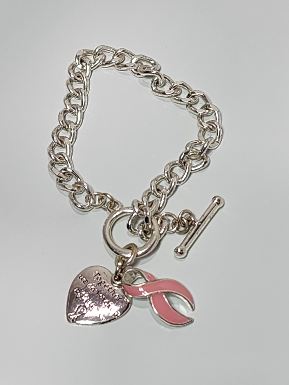 Silver-Tone Chain Bracelet with Pink Ribbon & Heart Charms Toggle Closure